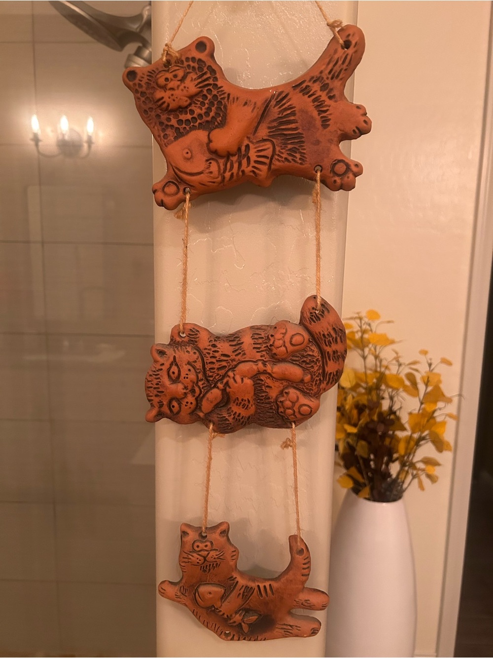 Hand Crafted Terracotta-Style Orange Cat Trio Hanging Wall Art